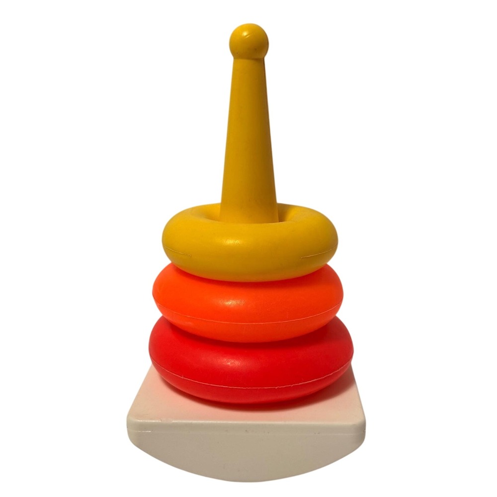 Vintage Fisher Price Rock-a-Stack Stacking Toy 3 Rings Yellow Post Rocking Base*